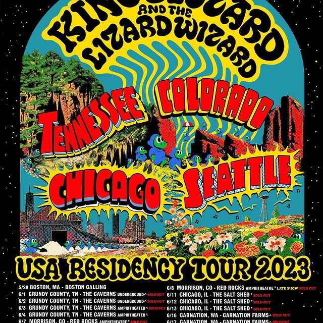 @kinggizzard has announced support for their upcoming residency tour this summer ❤️‍🔥

Welcome @kamikazepalmtree & @crenshawfc on select dates.

Artwork by @jj_cool_juice 🥵